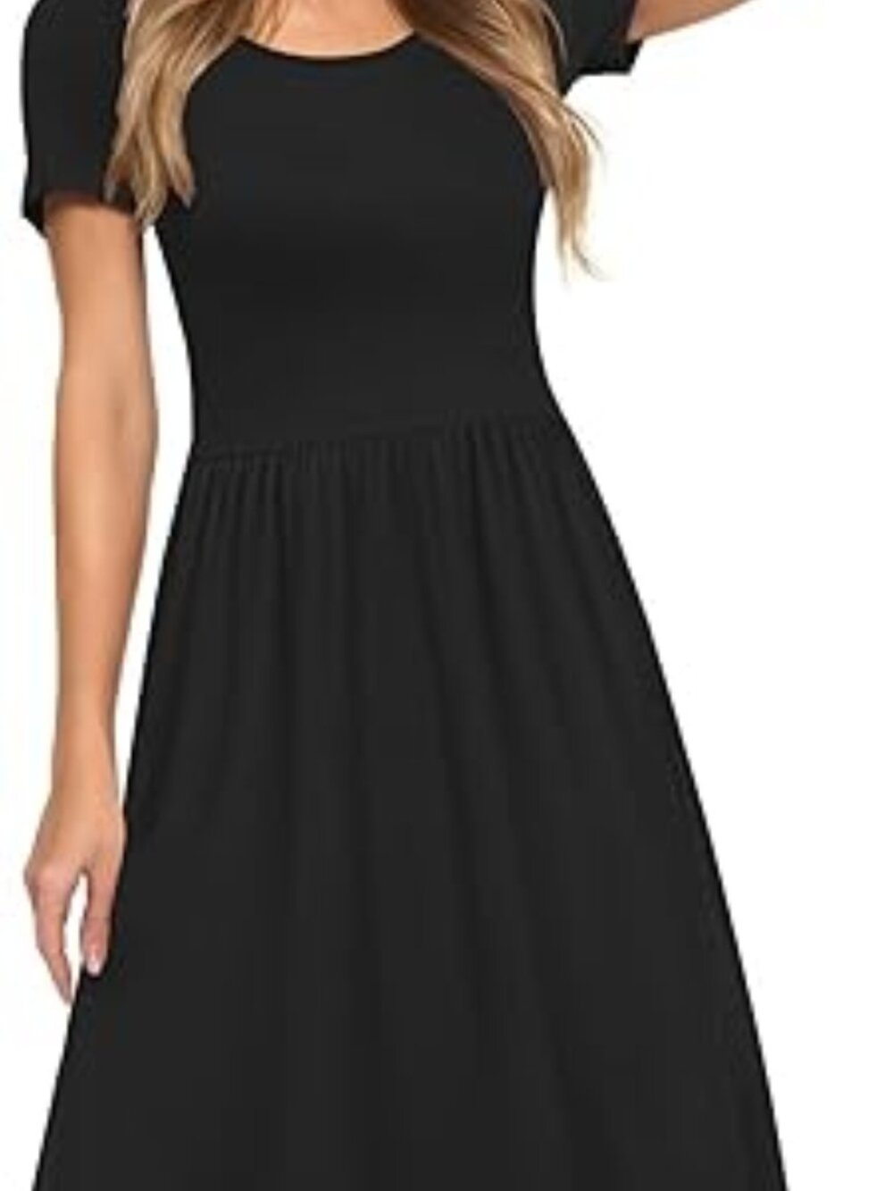 Women's Short Sleeve black dress with pockets midi length Crew Neck